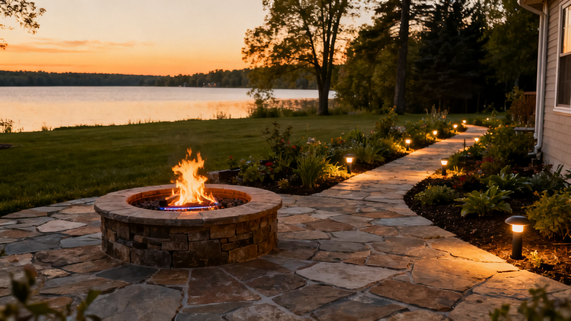 Flagstone patio at dusk with a gas fire pit burning
