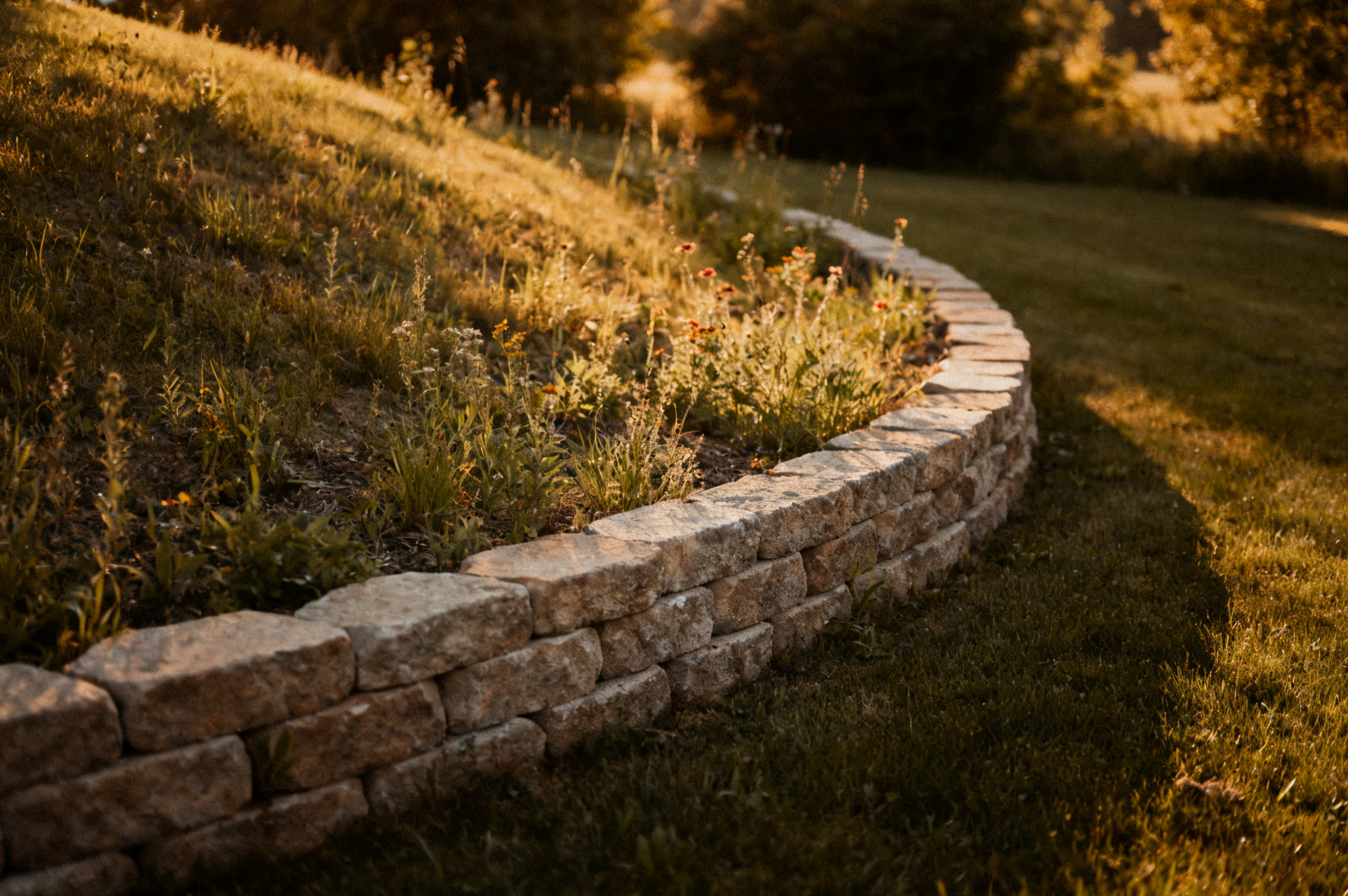 Limestone retaining wall curving through a sloped Wisconsin yard at golden hour