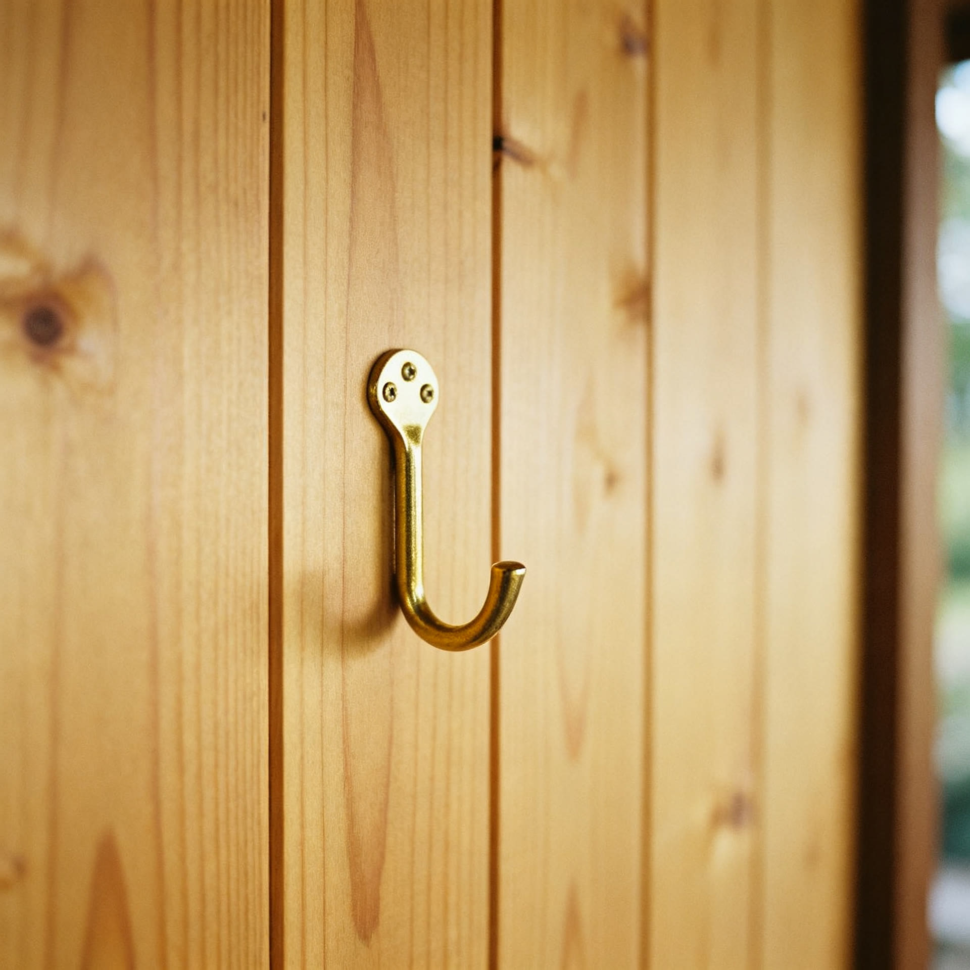 Close macro of clear cedar boards with a single brass robe hook
