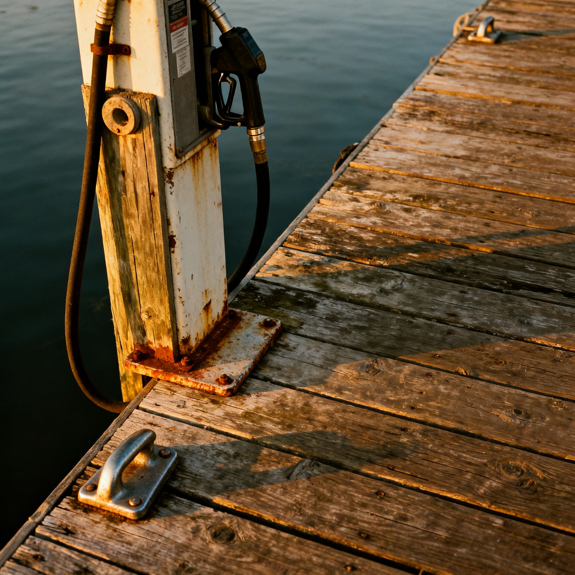 Fuel dock pump and cleats on the weathered rental dock
